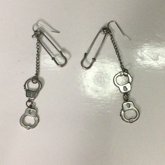 Silver Safety Pin and Hand Cuff Drop Earrings - Picture 2 of 2